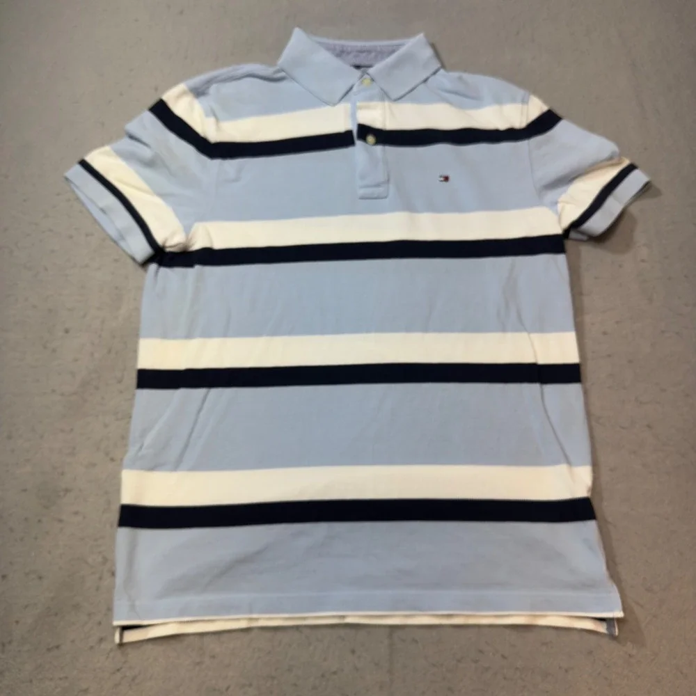 Tommy Hilfiger Mens Classic Fit Striped Polo Shirt Light Blue Navy‎ White Size M